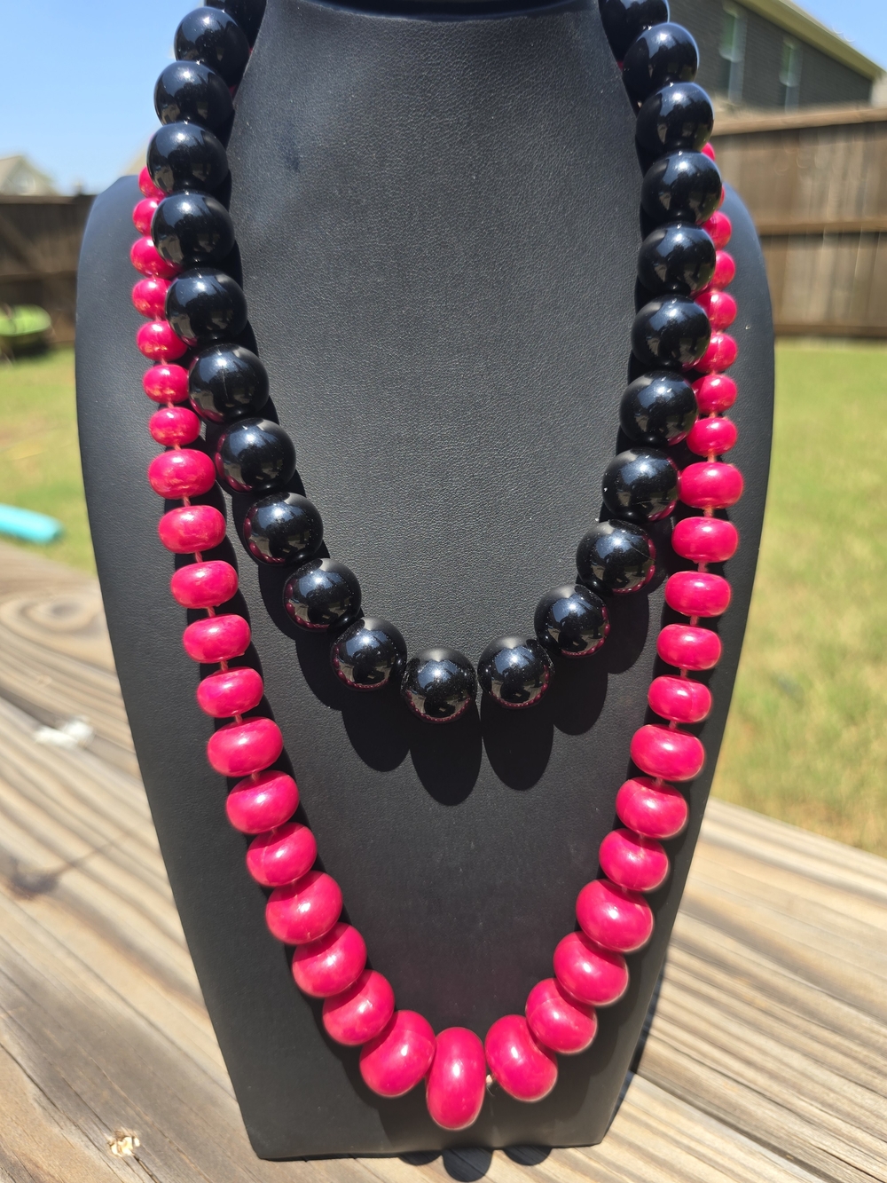 Vintage Black and Hot Pink Beaded Layered Necklace